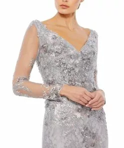Mac Duggal Embellished V Neck Illusion Long Sleeve Gown
