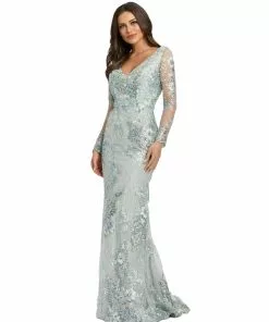 Mac Duggal Embellished V Neck Illusion Long Sleeve Gown