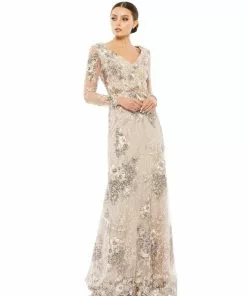 Mac Duggal Embellished V Neck Illusion Long Sleeve Gown