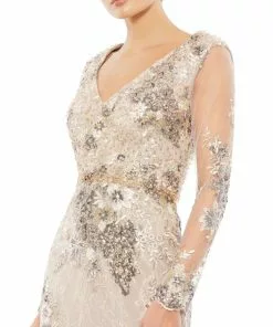 Mac Duggal Embellished V Neck Illusion Long Sleeve Gown