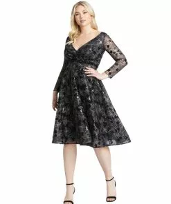 Mac Duggal Long Sleeve Illusion Sequin Embroidered Midi Dress (Plus)