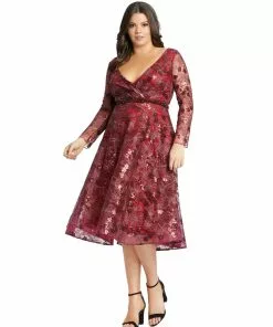 Mac Duggal Long Sleeve Illusion Sequin Embroidered Midi Dress (Plus)