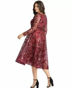 Mac Duggal Long Sleeve Illusion Sequin Embroidered Midi Dress (Plus)
