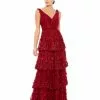 Mac Duggal Floral Applique Ruffled Tiered Sleeveless V Neck Gown