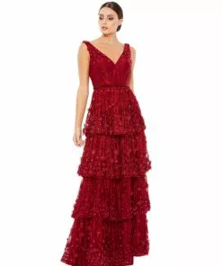 Mac Duggal Floral Applique Ruffled Tiered Sleeveless V Neck Gown