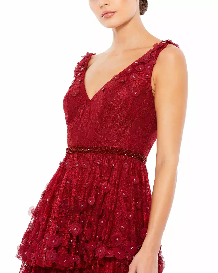 Mac Duggal Floral Applique Ruffled Tiered Sleeveless V Neck Gown 3 Mac Duggal Floral Applique Ruffled Tiered Sleeveless V Neck Gown