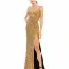 Ieena For Mac Duggal Embellished Metallic High Slit Gown