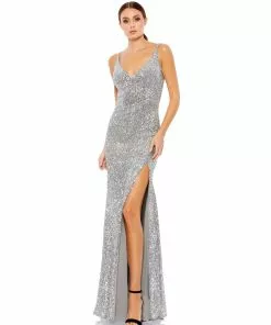 Ieena For Mac Duggal Embellished Metallic High Slit Gown