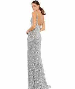 Ieena For Mac Duggal Embellished Metallic High Slit Gown