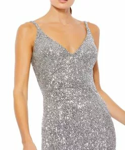 Ieena For Mac Duggal Embellished Metallic High Slit Gown