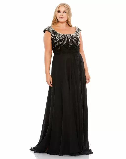 Mac Duggal Plus Size Beaded Cap Sleeve A Line Gown (Plus)