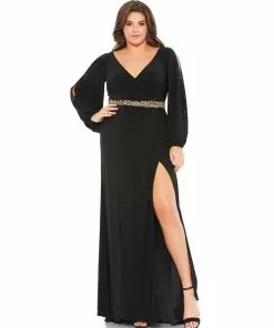Mac Duggal Split Sleeve Surplice Gown (Plus) Shop For