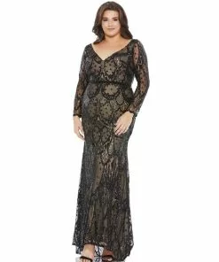 Mac Duggal Mother Of The Bride + Groom Dresses Abstract Embellished Illusion Sleeve Evening Gown (Plus)