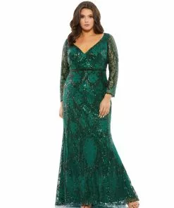 Mac Duggal Mother Of The Bride + Groom Dresses Abstract Embellished Illusion Sleeve Evening Gown (Plus)