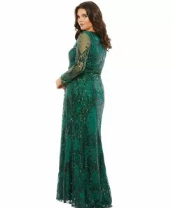 Mac Duggal Mother Of The Bride + Groom Dresses Abstract Embellished Illusion Sleeve Evening Gown (Plus)
