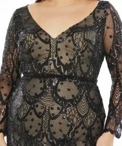 Mac Duggal Mother Of The Bride + Groom Dresses Abstract Embellished Illusion Sleeve Evening Gown (Plus)