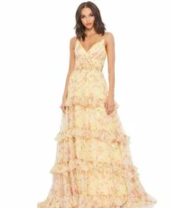 Mac Duggal Tiered Floral Chiffon Gown