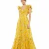 Mac Duggal Yellow Ruffle Tiered Floral Cut-Out Chiffon Gown | Final Sale Shop For