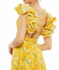 Mac Duggal Yellow Ruffle Tiered Floral Cut-Out Chiffon Gown | Final Sale Shop For