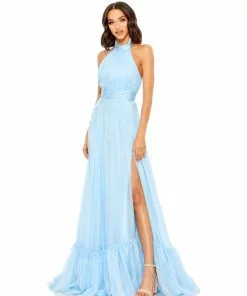 Mac Duggal High Neck Tiered Chiffon Halter Gown