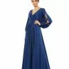 Ieena For Mac Duggal Flowy Split Bishop Sleeve Faux Wrap Gown