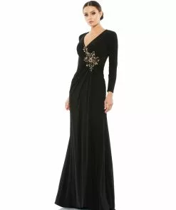 Mac Duggal Faux Wrap Long Sleeve Gown W/ Appliqué Detail Shop For
