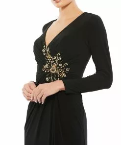 Mac Duggal Faux Wrap Long Sleeve Gown W/ Appliqué Detail Shop For