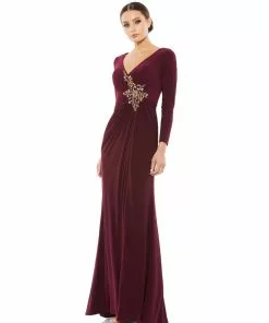 Mac Duggal Faux Wrap Long Sleeve Gown W/ Appliqué Detail Shop For
