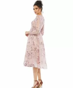 Mac Duggal Floral Embellished Long Sleeve A-Line Dress