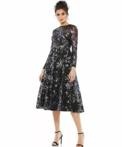 Mac Duggal Embellished Illusion Long Sleeve Midi Dress