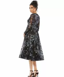 Mac Duggal Embellished Illusion Long Sleeve Midi Dress