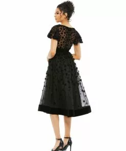 Mac Duggal Embellished Butterfly Sleeve Velvet Hem Midi Dress