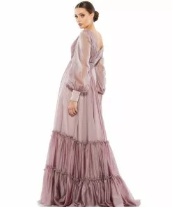 Mac Duggal Faux Wrap Long Sleeve Tiered Gown Shop For