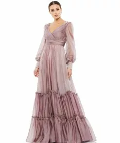 Mac Duggal Faux Wrap Long Sleeve Tiered Gown Shop For