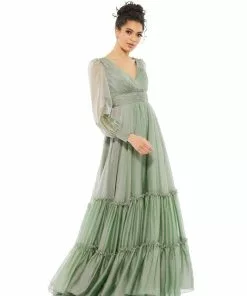 Mac Duggal Faux Wrap Long Sleeve Tiered Gown Shop For