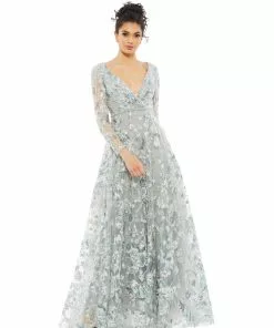 Mac Duggal Embellished V Neck Illusion Long Sleeve A Line Gown Shop For