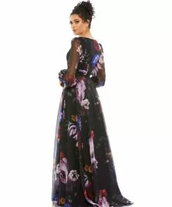 Mac Duggal Floral Print Chiffon Long Sleeve Maxi Dress
