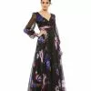 Mac Duggal Floral Print Chiffon Long Sleeve Maxi Dress