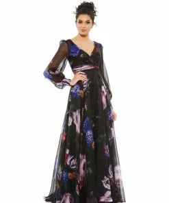 Mac Duggal Floral Print Chiffon Long Sleeve Maxi Dress