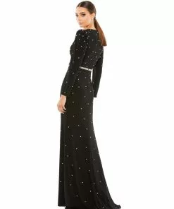 Ieena For Mac Duggal Belted Jewel Encrusted Plunge Neck Long Sleeve Gown