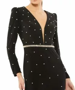 Ieena For Mac Duggal Belted Jewel Encrusted Plunge Neck Long Sleeve Gown 8 Ieena For Mac Duggal Belted Jewel Encrusted Plunge Neck Long Sleeve Gown