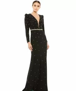 Ieena For Mac Duggal Belted Jewel Encrusted Plunge Neck Long Sleeve Gown