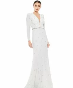 Ieena For Mac Duggal Belted Jewel Encrusted Plunge Neck Long Sleeve Gown 9 Ieena For Mac Duggal Belted Jewel Encrusted Plunge Neck Long Sleeve Gown