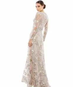 Mac Duggal Floral Embroidered Illusion Long Sleeve Evening Gown