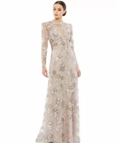 Mac Duggal Floral Embroidered Illusion Long Sleeve Evening Gown