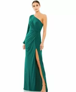 Ieena For Mac Duggal One Shoulder Puff Sleeve Faux Wrap Gown