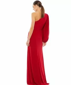 Ieena For Mac Duggal One Shoulder Puff Sleeve Faux Wrap Gown