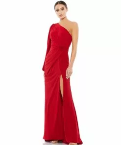Ieena For Mac Duggal One Shoulder Puff Sleeve Faux Wrap Gown