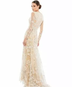 Mac Duggal Embroidered V-Neck Long Sleeve Trumpet Gown