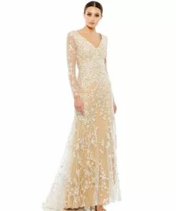 Mac Duggal Embroidered V-Neck Long Sleeve Trumpet Gown